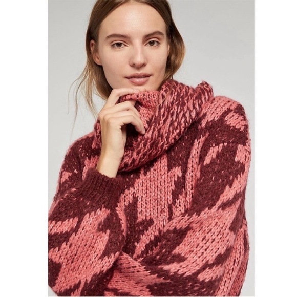 Anthropologie Ginny Oversized Houndstooth Sweater Turtleneck Cowl Neck Cropped - Picture 3 of 14